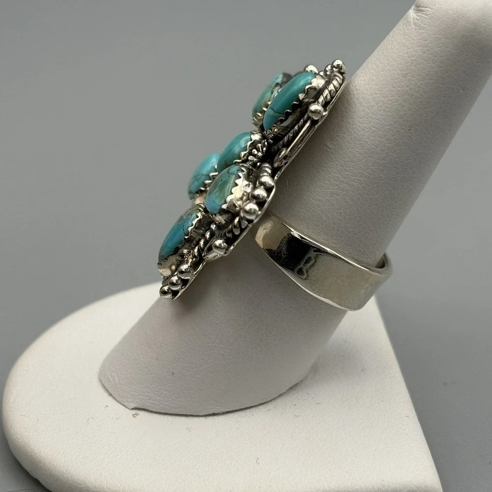 Southwest Turquoise Sterling Silver Ring Size 8 Adjustable Cluster 17.25g